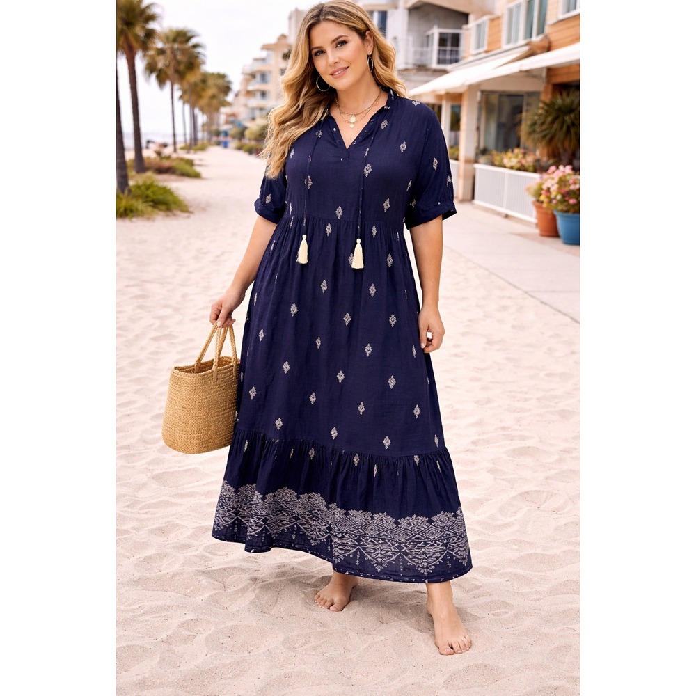ChicSoul 1X Navy Blue Embroidered Tiered Maxi‎ Dress Tassels Boho